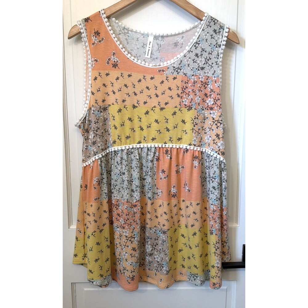 Women Pastel Sleeveless Babydoll Patchwork Crochet Trim Shirt L Boho Cottage USA